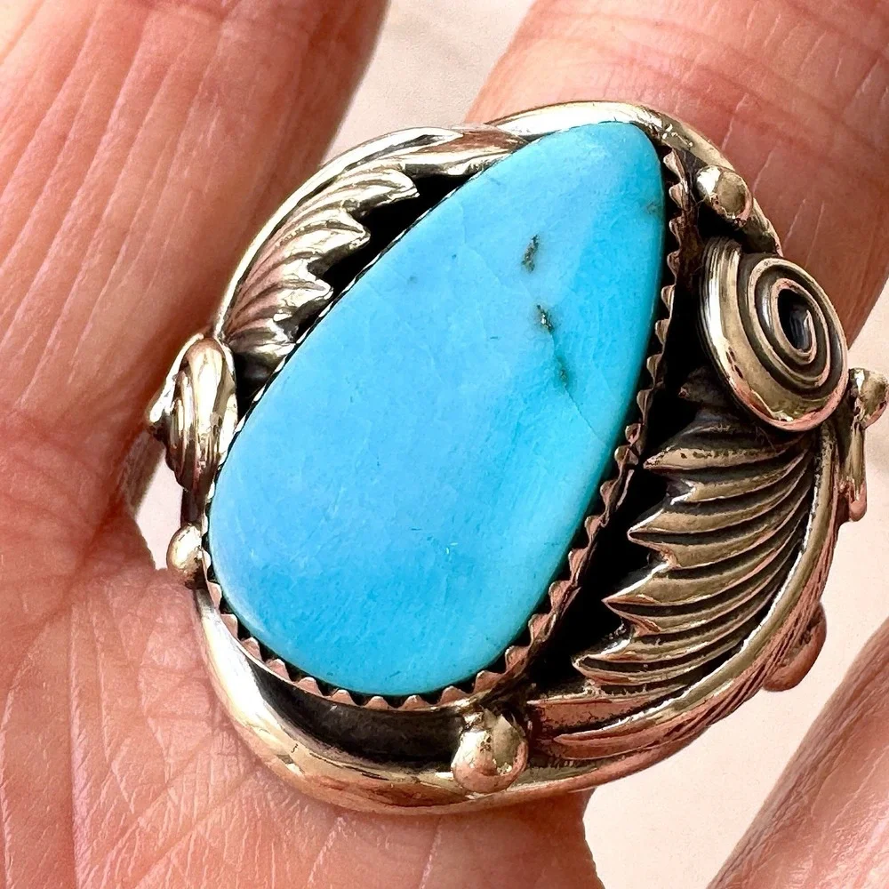 Navajo Turquoise Mens Ring Sz 12 Leaf Feather Signed Morgan Sterling Native Amer